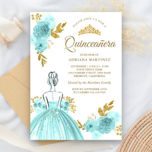 Teal Bloemenjurk Prinses Gouden Quinceanera Kaart