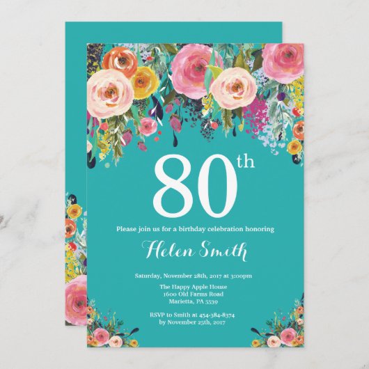 Teal Bloemige 80ste Verjaardagsuitnodiging Kaart (Voorkant / Achterkant)