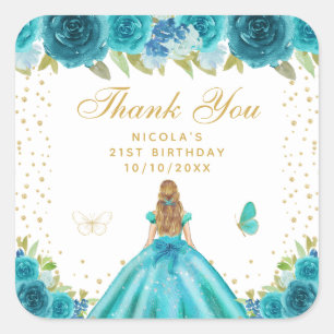 Teal Bloemige Blond Haar Prinses Verjaardagsfeestj Vierkante Sticker
