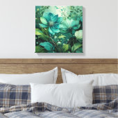 Teal Bloesems: Minimalistische Boho Elegantie Canvas Afdruk (Insitu (Slaapkamer))