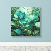 Teal Bloesems: Minimalistische Boho Elegantie Canvas Afdruk (Insitu (Houten vloer))