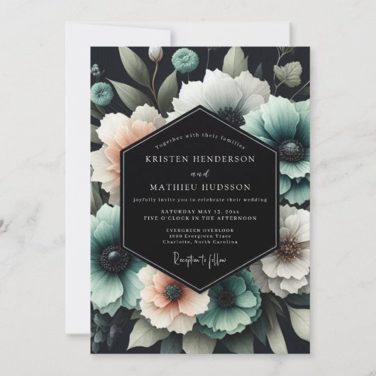 Teal Bloom Nocturne Bruiloft Kaart (Voorkant)