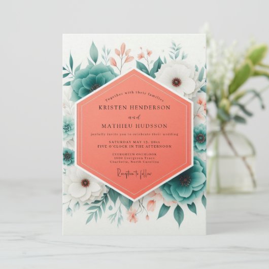 Teal Bloom Romantic Wedding Kaart (Staand voorkant)
