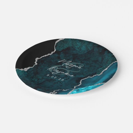 Teal Blue Agate Silver Script Wedding Papieren Bordje (Gekanteld)
