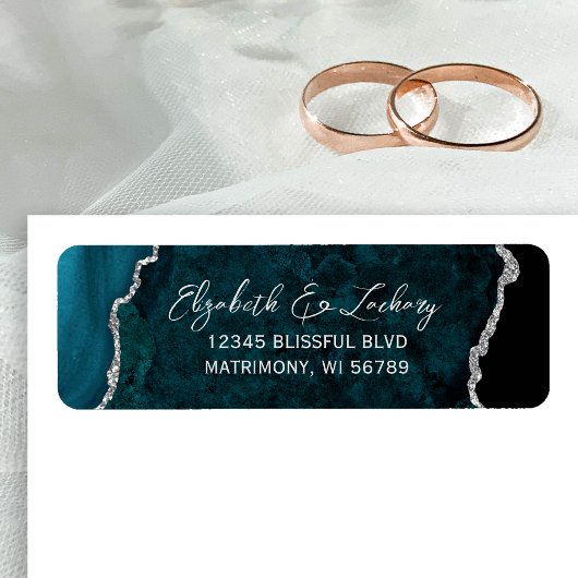 Teal Blue Agate Silver Wedding Return Address Etiket