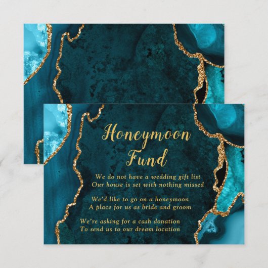 Teal Blue and Gold Agate Honeymoon Fund Informatiekaartje (Voorkant / Achterkant)