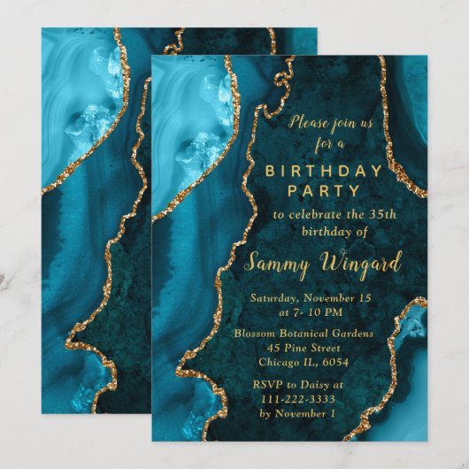 Teal Blue and Gold Agate Marble Birthday Party Kaart (Voorkant / Achterkant)