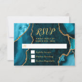 Teal Blue and Gold Agate Marble RSVP Kaartje (Voorkant)