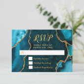 Teal Blue and Gold Agate Marble RSVP Kaartje (Staand voorkant)