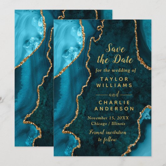 Teal Blue and Gold Agate Marble Save The Date Kaart (Voorkant / Achterkant)