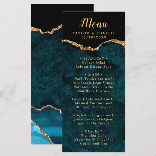 Teal Blue and Gold Agate Marble Wedding Menu (Voorkant / Achterkant)