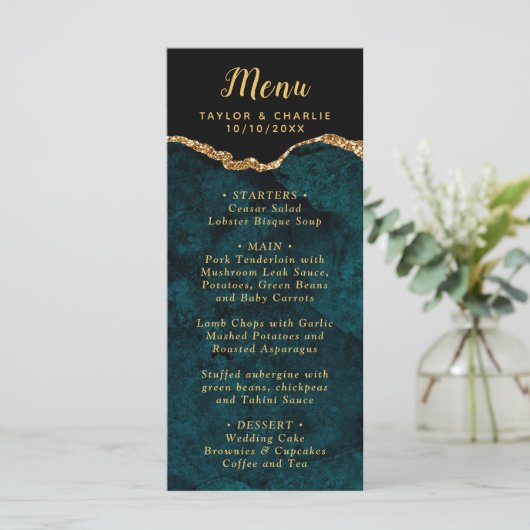 Teal Blue and Gold Agate Marble Wedding Menu (Staand voorkant)