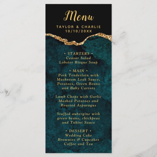 Teal Blue and Gold Agate Marble Wedding Menu (Voorkant)