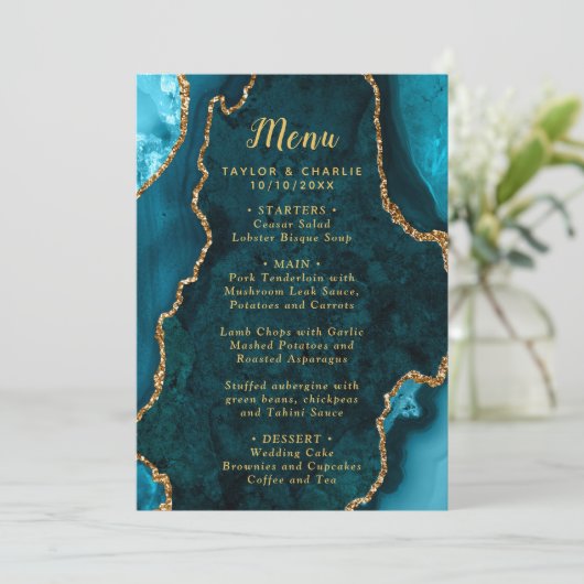 Teal Blue and Gold Agate Marble Wedding Menu (Staand voorkant)