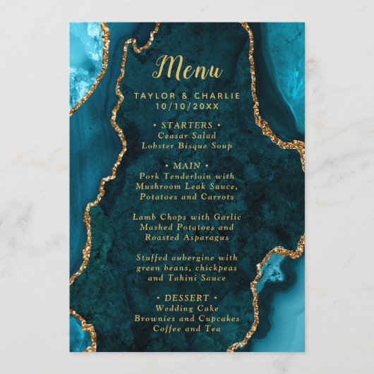 Teal Blue and Gold Agate Marble Wedding Menu (Voorkant)