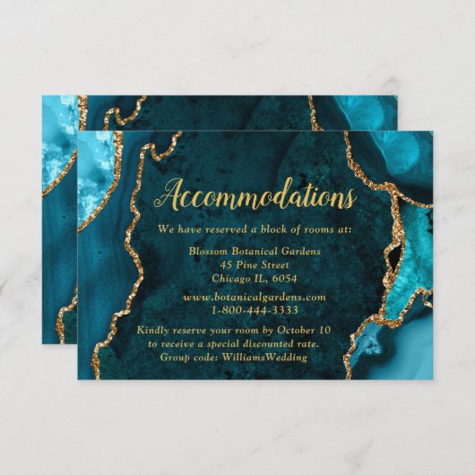Teal Blue and Gold Agate Wedding Accommodations Informatiekaartje (Voorkant / Achterkant)