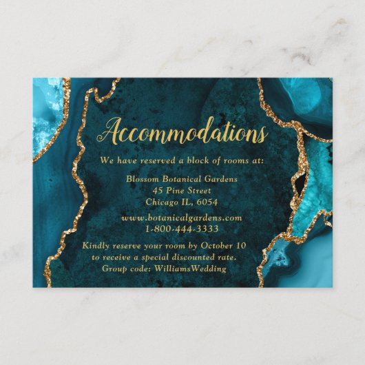Teal Blue and Gold Agate Wedding Accommodations Informatiekaartje (Voorkant)
