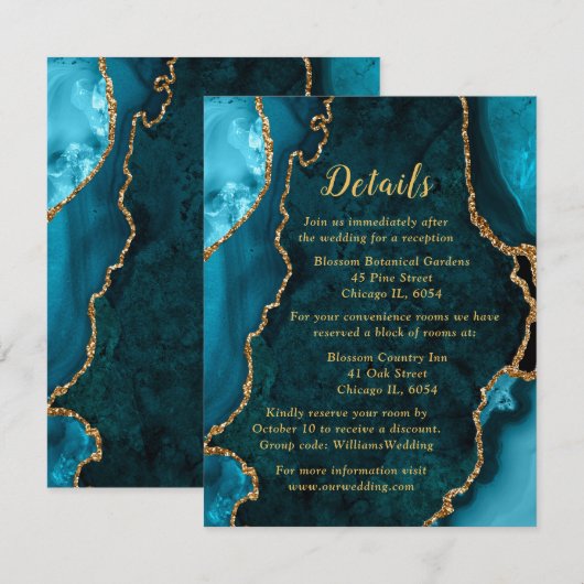Teal Blue and Gold Agate Wedding Details Informatiekaartje (Voorkant / Achterkant)