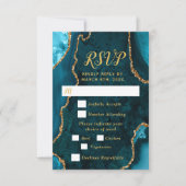 Teal Blue and Gold Agate Wedding Meal Choice RSVP Kaartje (Voorkant)