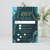 Teal Blue and Gold Agate Wedding Meal Choice RSVP Kaartje (Staand voorkant)