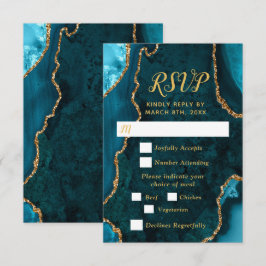 Teal Blue and Gold Agate Wedding Meal Choice RSVP Kaartje