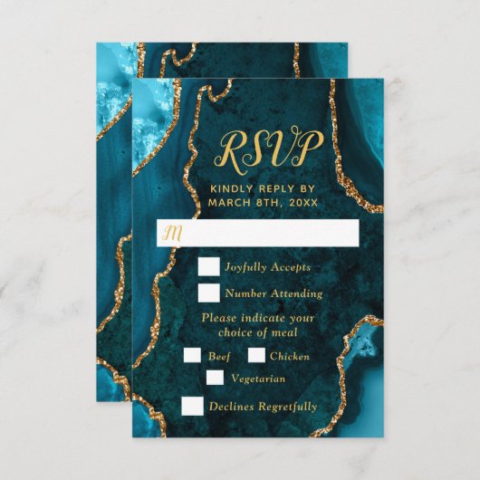 Teal Blue and Gold Agate Wedding Meal Choice RSVP Kaartje (Voorkant / Achterkant)