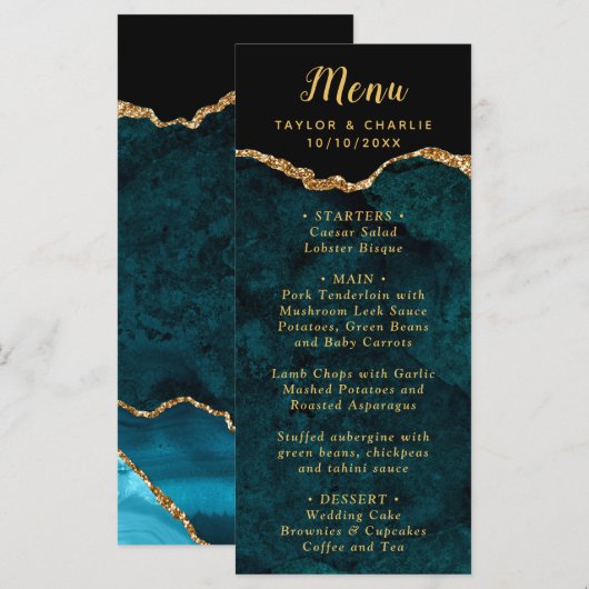 Teal Blue and Gold Agate Wedding Menu (Voorkant / Achterkant)