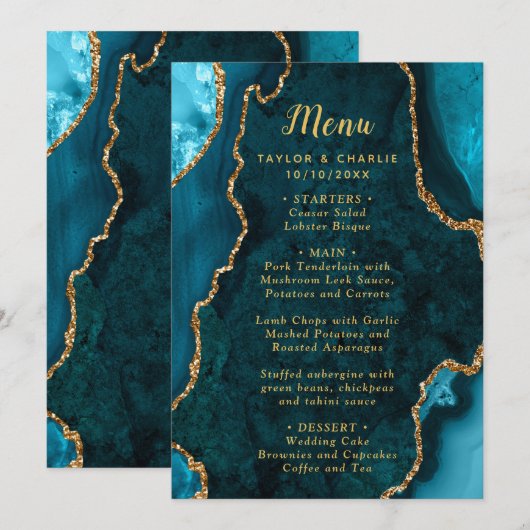 Teal Blue and Gold Agate Wedding Menu (Voorkant / Achterkant)