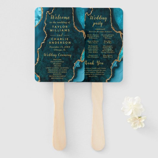 Teal Blue and Gold Agate Wedding Program Handwaaier (Voorkant en achterkant)