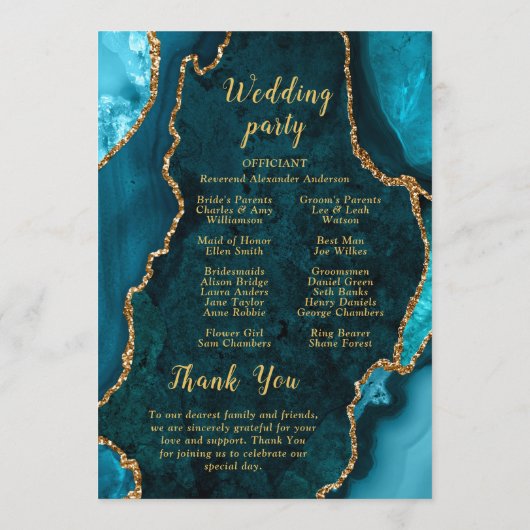 Teal Blue and Gold Agate Wedding Program Programmakaart (Achterkant)