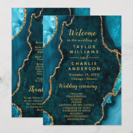 Teal Blue and Gold Agate Wedding Program Programmakaart