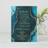 Teal Blue and Gold Agate Wedding Program Programmakaart (Staand voorkant)