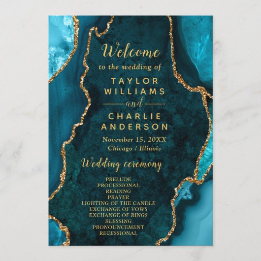Teal Blue and Gold Agate Wedding Program Programmakaart (Voorkant)