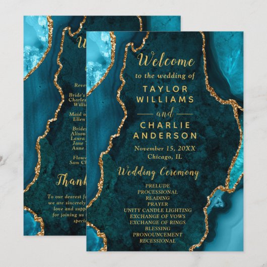 Teal Blue and Gold Agate Wedding Program Programmakaart (Voorkant / Achterkant)