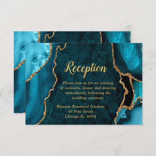 Teal Blue and Gold Agate Wedding Reception Informatiekaartje (Voorkant / Achterkant)