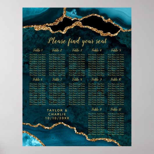 Teal Blue and Gold Agate Wedding Seating Chart Poster (Voorkant)