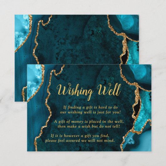 Teal Blue and Gold Agate Wedding Wishing Well Informatiekaartje (Voorkant / Achterkant)