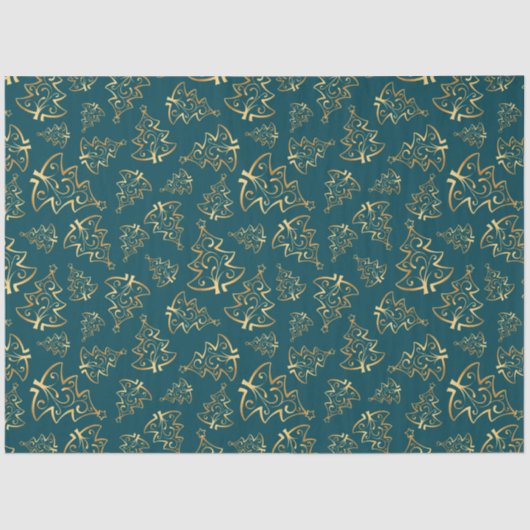 Teal Blue and Gold Elegant Christmas Trees Tissuepapier (Voorkant)