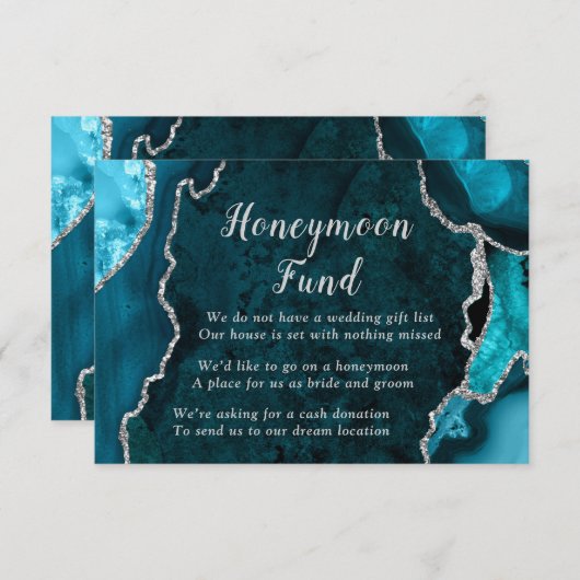 Teal Blue and Silver Agate Honeymoon Fund Informatiekaartje (Voorkant / Achterkant)