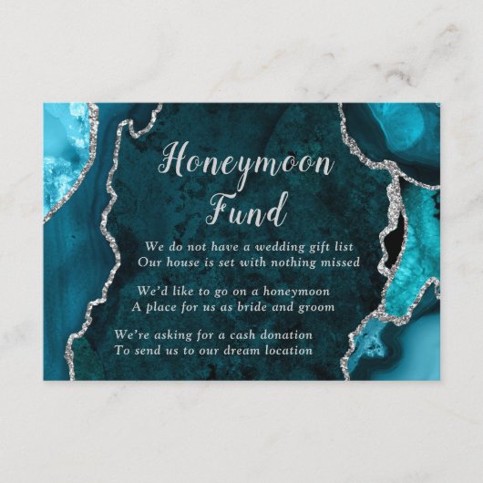 Teal Blue and Silver Agate Honeymoon Fund Informatiekaartje (Voorkant)
