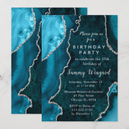 Teal Blue and Silver Agate Marble Birthday Party Kaart