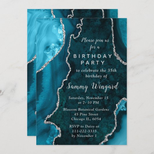Teal Blue and Silver Agate Marble Birthday Party Kaart (Voorkant / Achterkant)