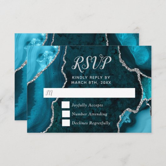 Teal Blue and Silver Agate Marble RSVP Kaartje (Voorkant / Achterkant)