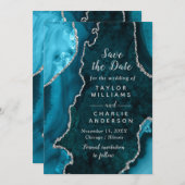 Teal Blue and Silver Agate Marble Save The Date Kaart (Voorkant / Achterkant)