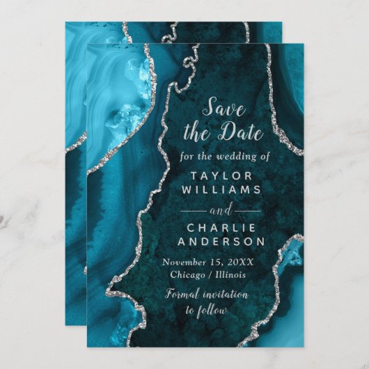 Teal Blue and Silver Agate Marble Save The Date Kaart (Voorkant / Achterkant)