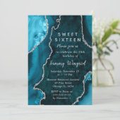 Teal Blue and Silver Agate Marble Sweet Sixteen Kaart (Staand voorkant)