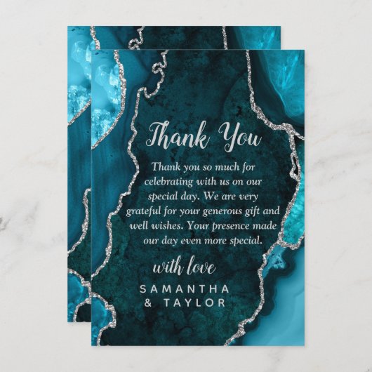 Teal Blue and Silver Agate Marble Wedding Bedankkaart (Voorkant / Achterkant)