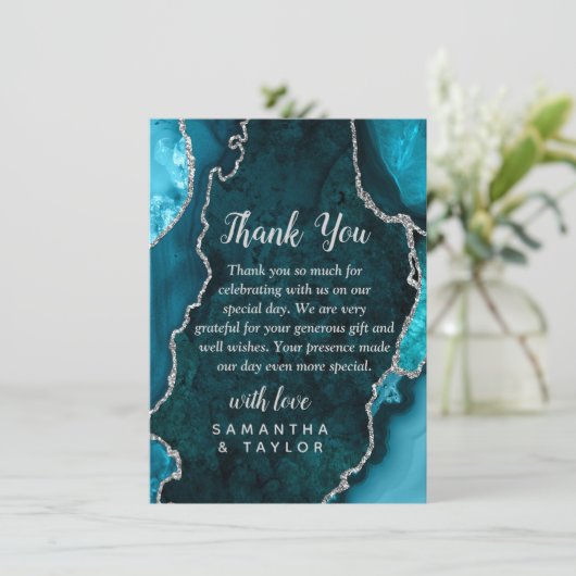Teal Blue and Silver Agate Marble Wedding Bedankkaart (Staand voorkant)