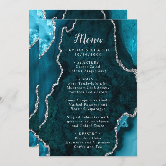 Teal Blue and Silver Agate Marble Wedding Menu (Voorkant / Achterkant)