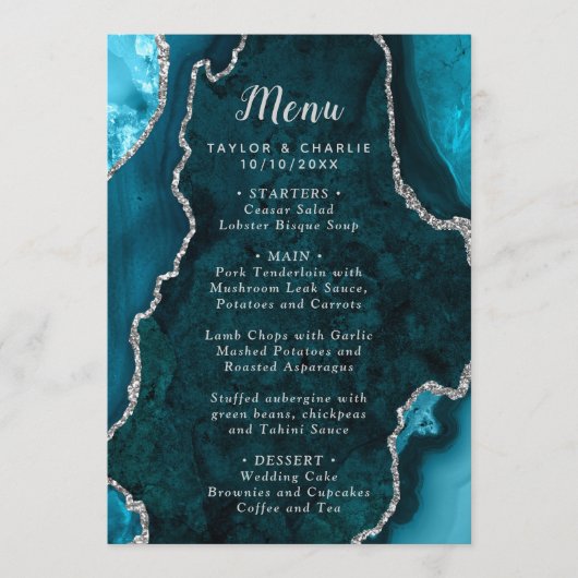 Teal Blue and Silver Agate Marble Wedding Menu (Voorkant)